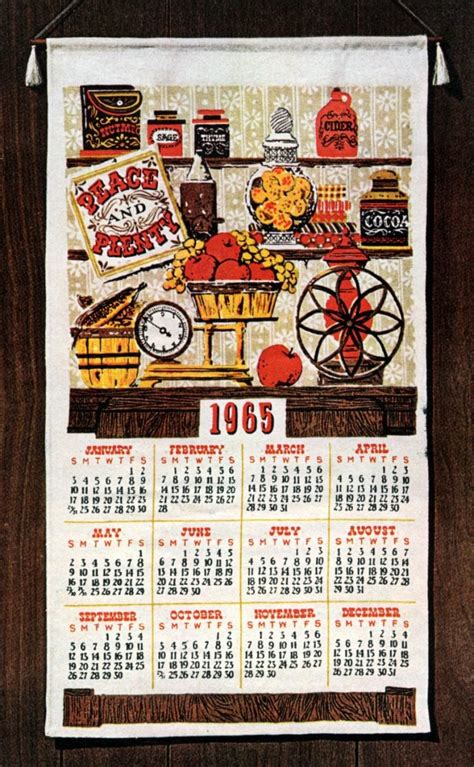 Vintage 1965 Cloth Wall Calendar. 16 1/2” x 27” 